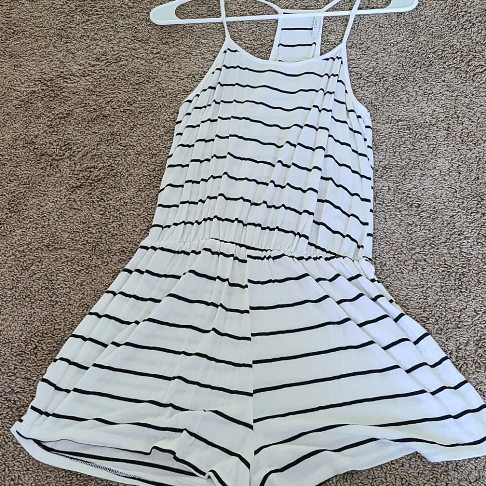 White with navy stripe romper
